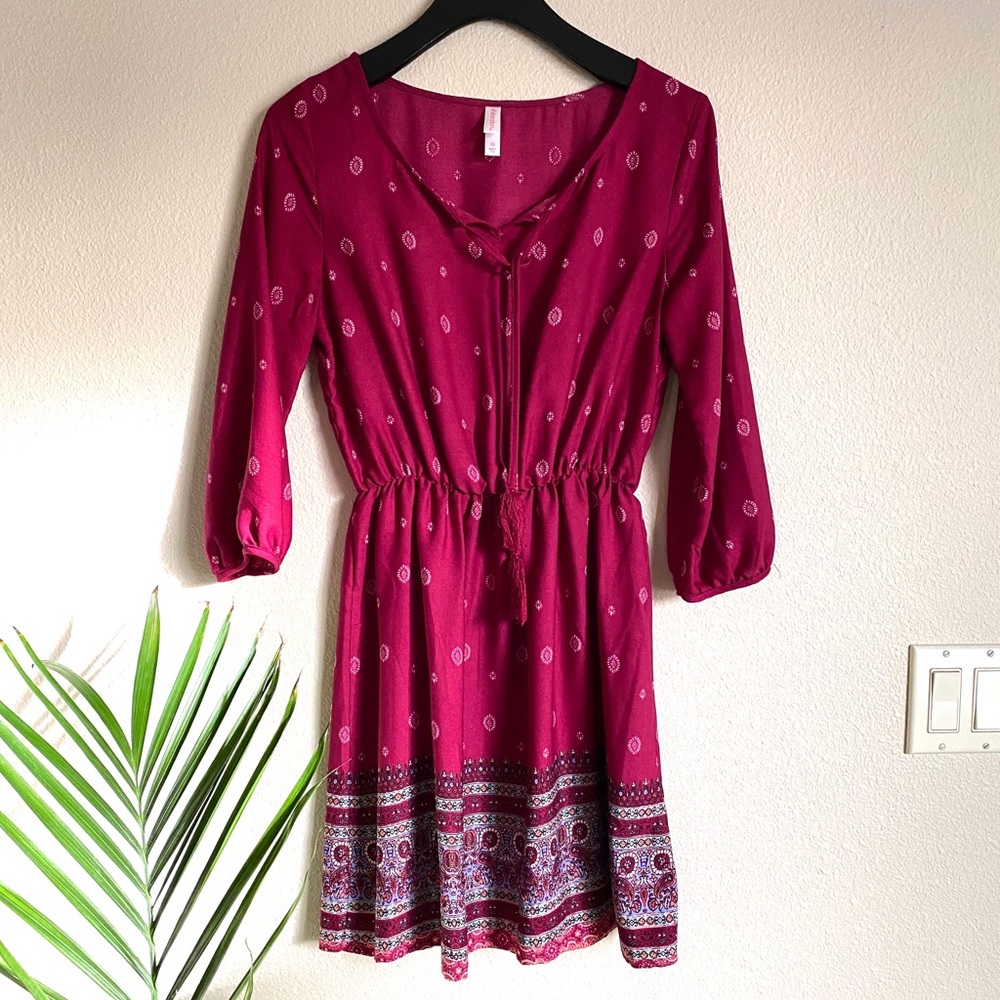 Maroon 3/4 Sleeve Patterned Dress